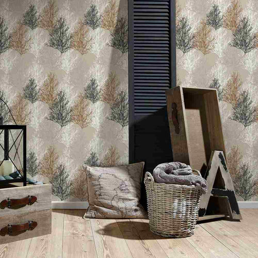 Wallpaper with yellow, white, grey and green tree branches and foliage in a room setting