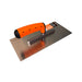 2mm stainless steel notched trowel, angled view showing aluminium handle mount and blade profile