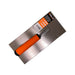 2mm stainless steel notched trowel with orange soft-grip handle, flat lay, notch edge detail visible