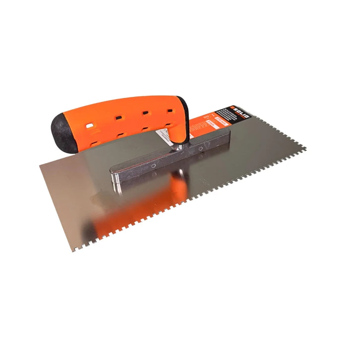 3mm stainless steel notched trowel, angled view showing aluminium handle mount and blade profile
