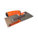 3mm stainless steel notched trowel, angled view showing aluminium handle mount and blade profile