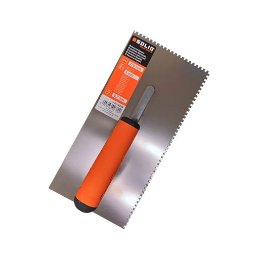 3mm stainless steel notched trowel with orange soft-grip handle, flat lay, notch edge detail visible