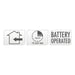Indoor use, 6 hour timer and battery operated feature icons