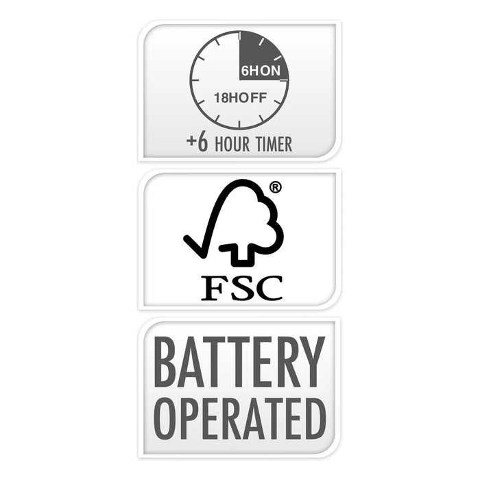 6 hour timer, FSC and battery operated feature icons