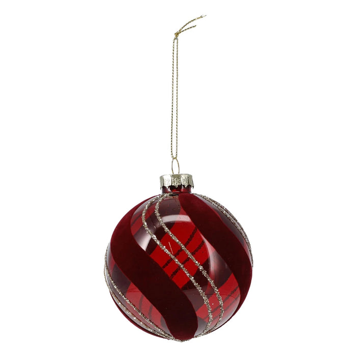Deep red glossy bauble with velvet-look burgundy swirls and gold glitter stripes on a gold string