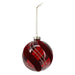 Deep red glossy bauble with velvet-look burgundy swirls and gold glitter stripes on a gold string
