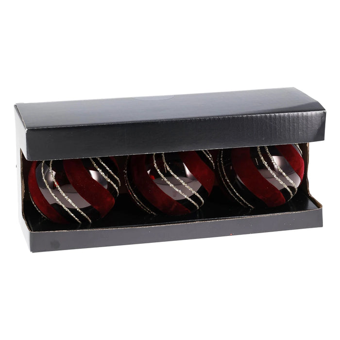 Set of three striped burgundy baubles in a black gift box