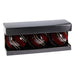 Set of three striped burgundy baubles in a black gift box