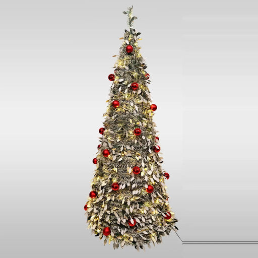 Slim pop up Christmas tree pre-decorated with red baubles and frosted holly leaves, lit with warm white LEDs