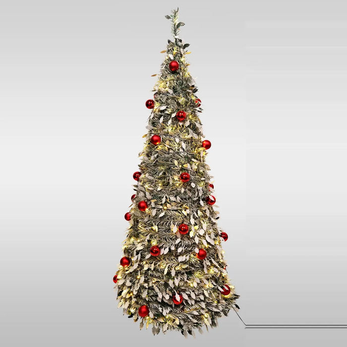 Slim pop up Christmas tree pre-decorated with red baubles and frosted holly leaves, lit with warm white LEDs