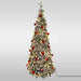 Slim pop up Christmas tree pre-decorated with red baubles and frosted holly leaves, lit with warm white LEDs