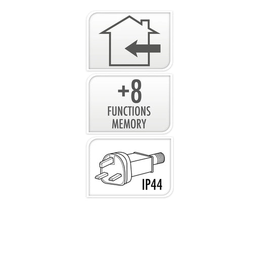 Indoor use, 8 functions with memory and IP44 plug feature icons