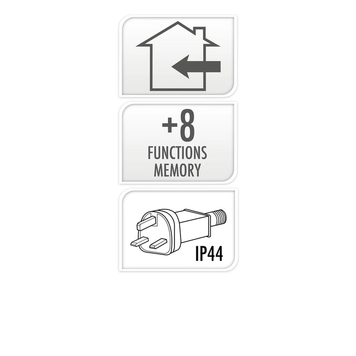 Indoor use, 8 functions with memory and IP44 plug feature icons