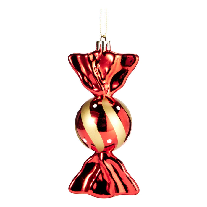 Glossy red wrapped-sweet tree decoration with gold stripes and white dots on a gold string