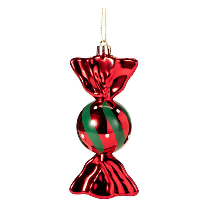Glossy red wrapped-sweet tree decoration with red and green stripes and white dots