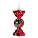 Glossy red wrapped-sweet tree decoration with red and green stripes and white dots