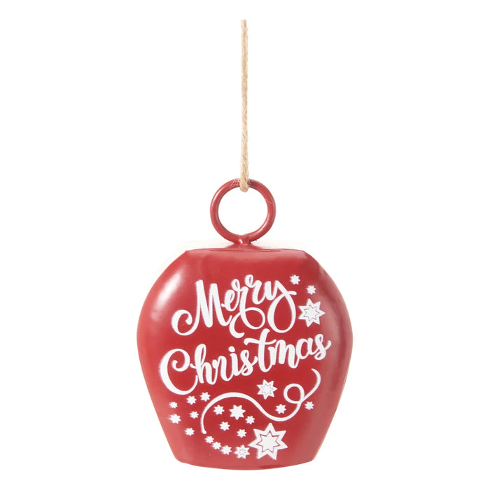 Matt red bell decoration with a white Merry Christmas script and stars on a jute string