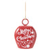Matt red bell decoration with a white Merry Christmas script and stars on a jute string