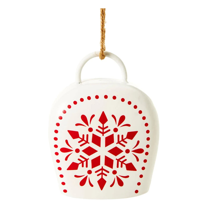 White bell decoration with a red Nordic-style snowflake and dotted border on a jute string