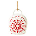 White bell decoration with a red Nordic-style snowflake and dotted border on a jute string