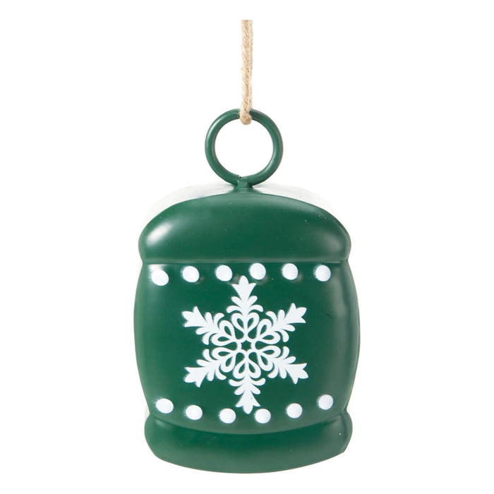 Matt green bell decoration with a white snowflake and dotted borders on a jute string