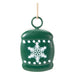Matt green bell decoration with a white snowflake and dotted borders on a jute string