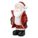 Santa figurine in a padded red coat with gold trim and black boots, carrying a sack