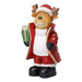 Reindeer figurine in a Santa hat and red coat carrying a wrapped gift