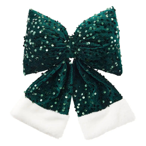 Green sequin bow with white plush cuffs, smaller view