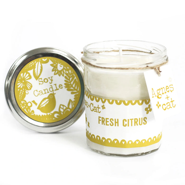 Agnes + Cat Fresh Citrus, Clementine and Moroccan Roll gift box with wrapped candle and bath fizzers