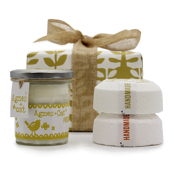 Agnes + Cat Fresh Citrus, Clementine and Moroccan Roll gift box with wrapped candle and bath fizzers