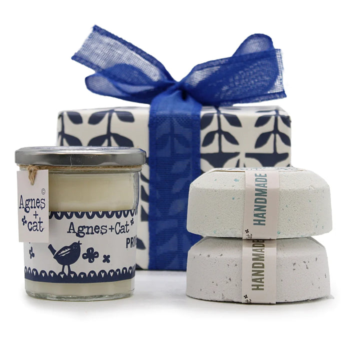 Agnes + Cat Parma Violet gift box with soy candle and Seasalt & Moss and Dolly Blue bath fizzers