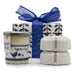 Agnes + Cat Parma Violet gift box with soy candle and Seasalt & Moss and Dolly Blue bath fizzers