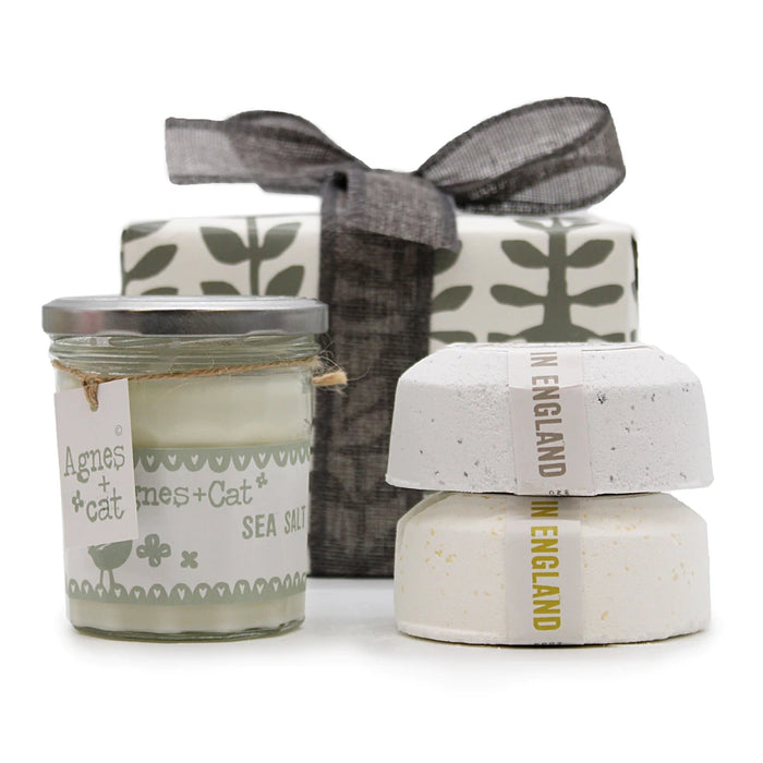 Agnes + Cat Velvet Moon gift box with soy candle and Windermere and Citrus bath fizzers