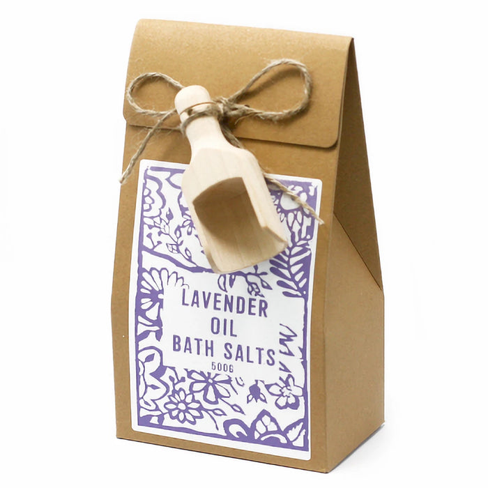 Agnes + Cat Lavender Himalayan bath salts 500 g bag in gift box with wooden scoop and visible lavender seeds