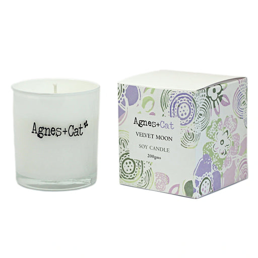 Agnes + Cat Velvet Moon soy wax votive candle in white glass jar with silver lid and colourful gift box