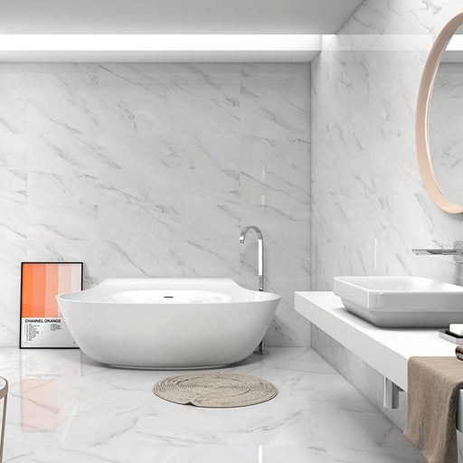 Contemporary bathroom with Agora Blanco wall tiles, creating a fresh and airy atmosphere.