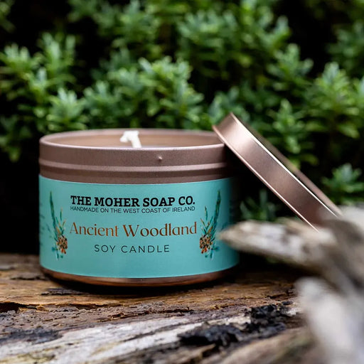 The Moher Soap Co. Ancient Woodland scented soy candle handmade in Ireland with earthy forest fragrance in tin