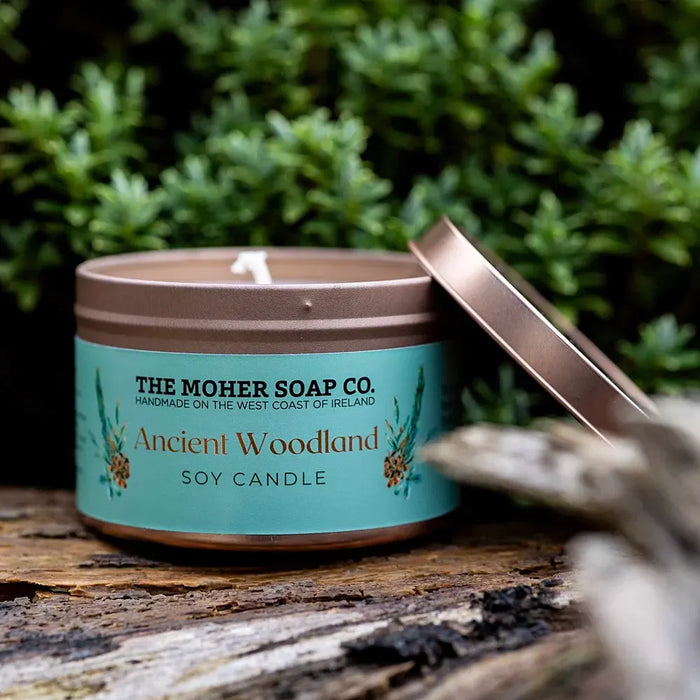 The Moher Soap Co. Ancient Woodland scented soy candle handmade in Ireland with earthy forest fragrance in tin