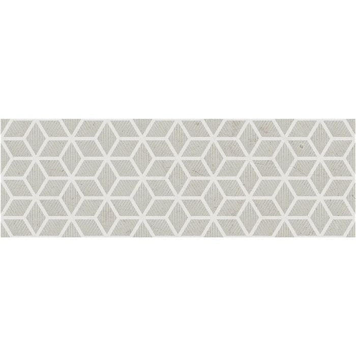 Close-up of Andria Grey wall tile showing its geometric grey stone-effect surface with subtle tonal shifts.