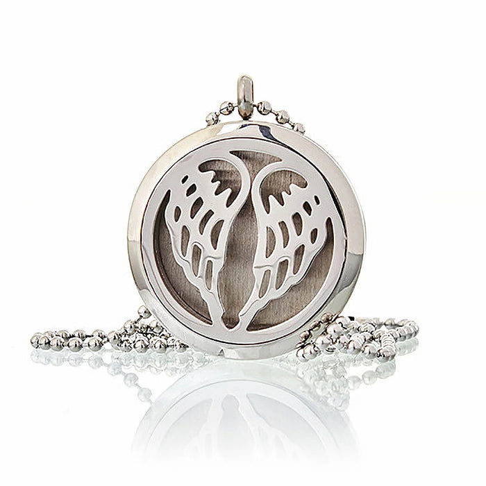 Angel Wings 30mm stainless steel aromatherapy diffuser necklace with essential oil locket and colour pads