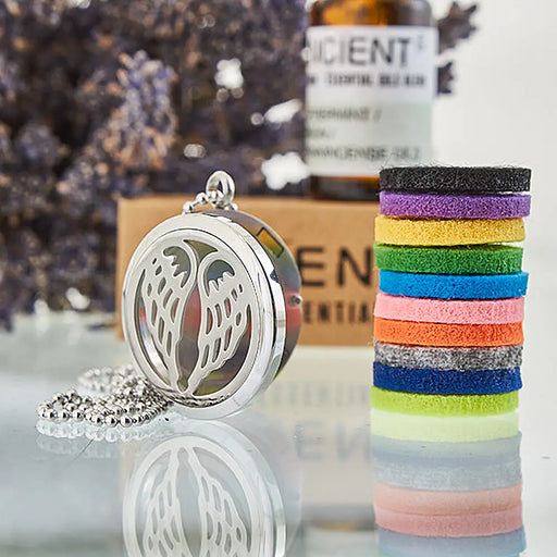 Angel Wings 30mm stainless steel aromatherapy diffuser necklace with essential oil locket and colour pads