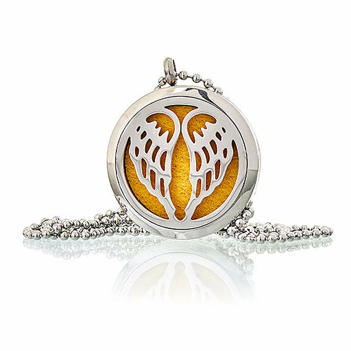 Angel Wings 30mm stainless steel aromatherapy diffuser necklace with essential oil locket and colour pads