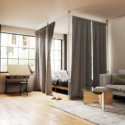 Anywhere expandable white tension curtain pole installed with curtains, showing adjustable no-drill wrap-around design