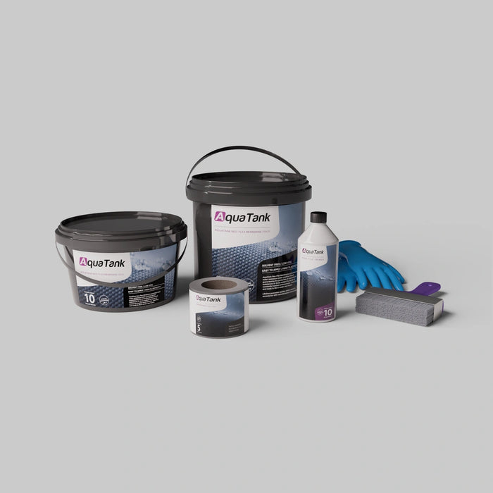 AquaTank Complete Tanking Kit contents – Neo-Flex Membrane, Pro-Tile Primer, SA Tape+, brush and gloves
