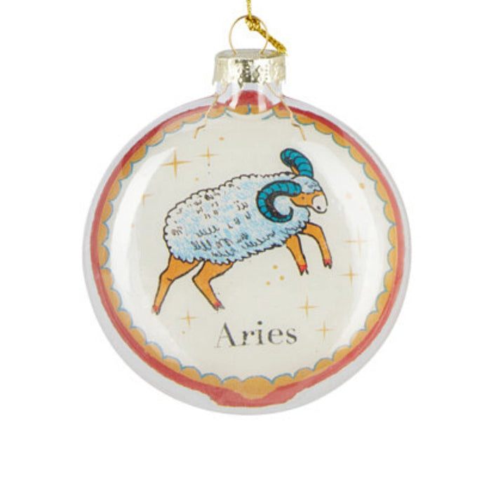 Close-up of Aries Zodiac Christmas bauble showing zodiac emblem.