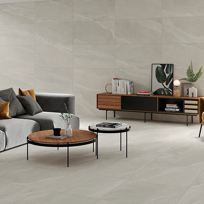 Modern interior featuring Austral Pearl 60x120 matt porcelain tiles in a soft pearl shade.