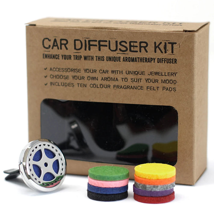Auto Wheel 30mm stainless steel car diffuser kit with vent clip and reusable fragrance felt pads