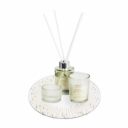 Close-up of Basil & Cactus Aroma Gift Set showing candle, diffuser, and botanical-inspired design.