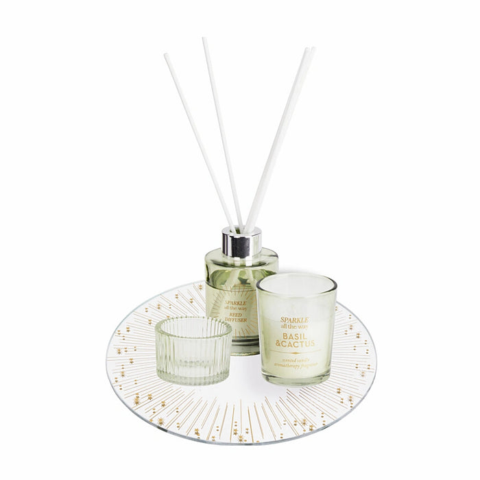 Close-up of Basil & Cactus Aroma Gift Set showing candle, diffuser, and botanical-inspired design.